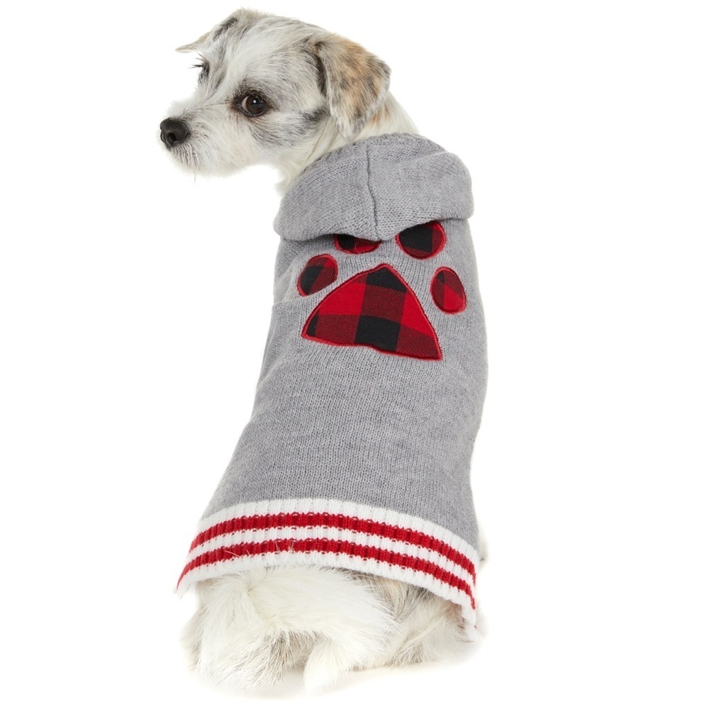 Chilly Dog Paw Print Sweater Hooded Gray Red Black Plaid Medium